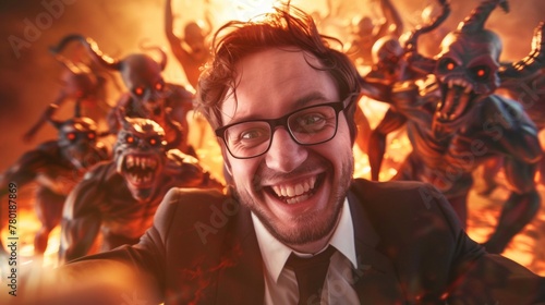 A man taking a selfie with imaginative horror demons in the background. photo