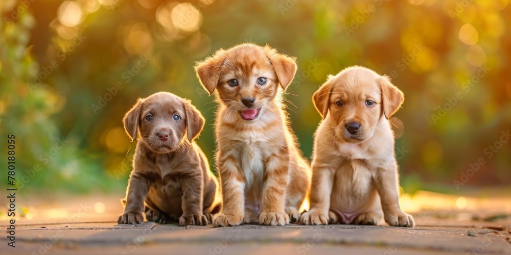 Trio of adorable puppies sitting together on a path with warm sunlight in the background. Trio of adorable puppies sitting together on a path with warm sunlight in the background.
