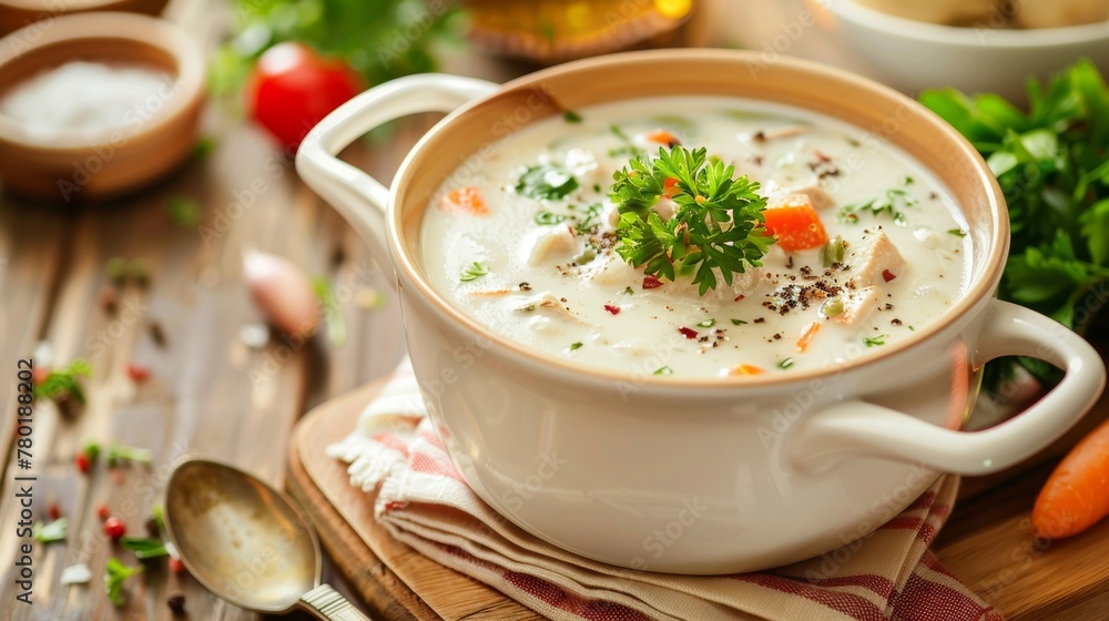 A cozy bowl of homemade creamy soup with fresh vegetables, garnished with parsley, ready to enjoy. A cozy bowl of homemade creamy soup with fresh vegetables, garnished with parsley, ready to enjoy.