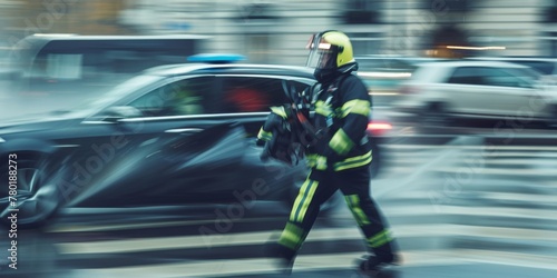 Firefighter in high visibility uniform rushing across the street in motion blur, with an urgent backdrop of city life. © tashechka