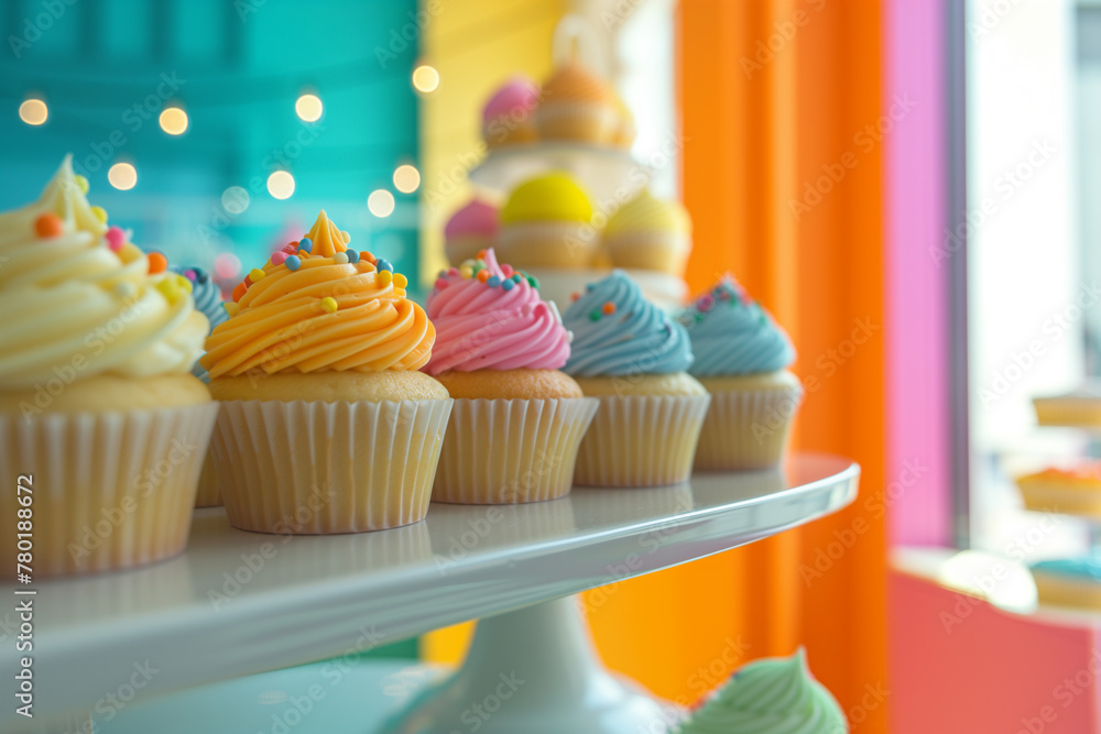 Vibrant birthday cupcakes with pink frosting and lit candles against a festive backdrop.