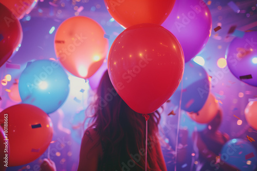 Festive balloons illuminated by enchanting bokeh lights creating a magical party atmosphere.