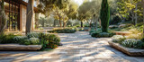 Serene Garden Pathway Lined with Green Grass and Stone, Embodying Peaceful Landscaping in an Outdoor Park Setting