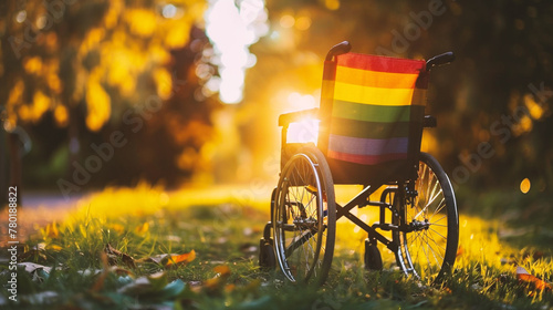 A rainbow colored wheelchair in a park