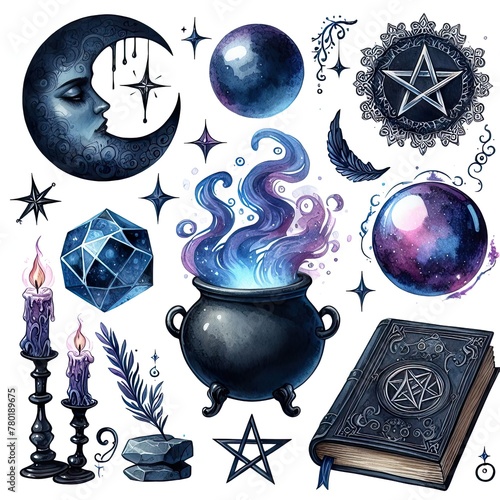 Watercolor clipart dark magic objects icons, white background
