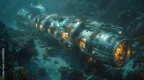 An underwater scene with a large, old rusty submarine on its side, surrounded by coral and sea life. The submarine has a golden glow, and the water is a blue color.