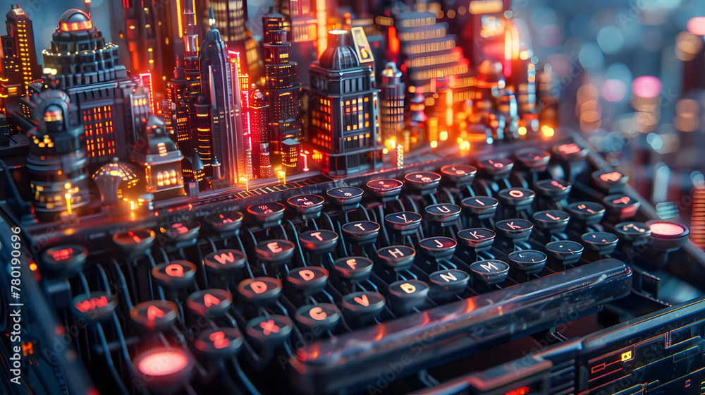 Fototapeta premium A city skyline made out of glowing red neon on top of a typewriter.