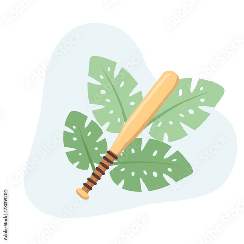 Baseball Bat flat design vector Illustration Icon decorated with leaves for web use for strike, game, competition
