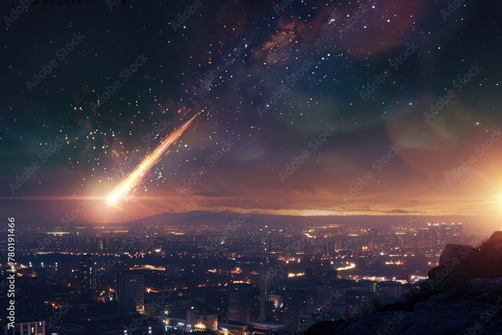 Stunning meteor shower over a cityscape at twilight with stars and galaxy in view
