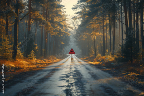 Hazard warning sign on a forest road in the rays of the morning sun. © P