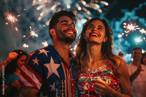 Patriotic Couple Enjoying Fireworks on Independence Day Celebration