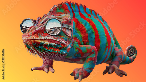 Colourful Chameleon Wearing Glass ,closeup ,Chameleon Sitting ,nature ,reptile ,lizard ,dragon , animal ,green , branch ,illustration ,Generative Ai