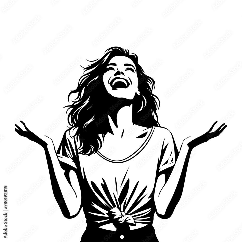 minimalist Photo of excited cheerful woman wear shirt smiling open mouth rising arms palms isolated vector black color silhouette, Black color silhouette png white background (12)