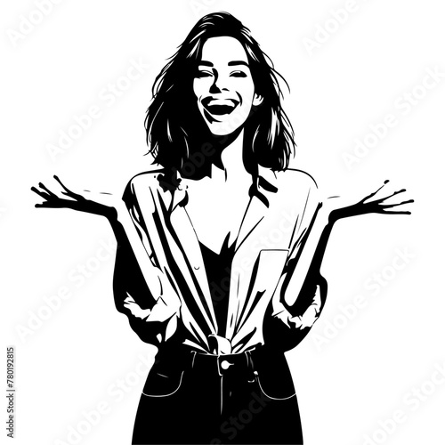 minimalist Photo of excited cheerful woman wear shirt smiling open mouth rising arms palms isolated vector black color silhouette, Black color silhouette png white background (7)