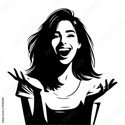 minimalist Photo of excited cheerful woman wear shirt smiling open mouth rising arms palms isolated vector black color silhouette, Black color silhouette png white background (10)