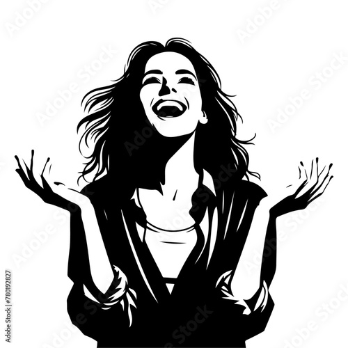 minimalist Photo of excited cheerful woman wear shirt smiling open mouth rising arms palms isolated vector black color silhouette, Black color silhouette png white background (16)