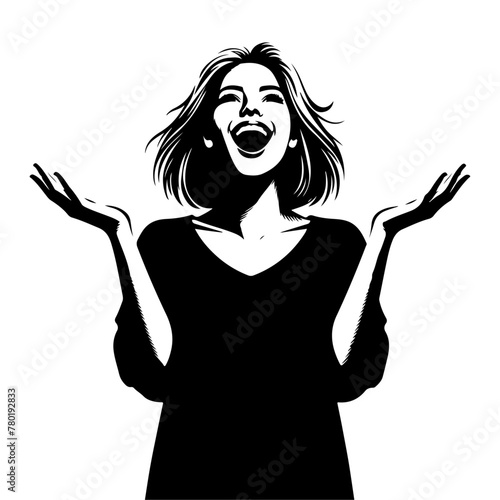 minimalist Photo of excited cheerful woman wear shirt smiling open mouth rising arms palms isolated vector black color silhouette, Black color silhouette png white background (14)