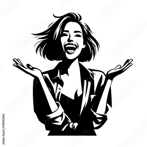 minimalist Photo of excited cheerful woman wear shirt smiling open mouth rising arms palms isolated vector black color silhouette, Black color silhouette png white background (21)