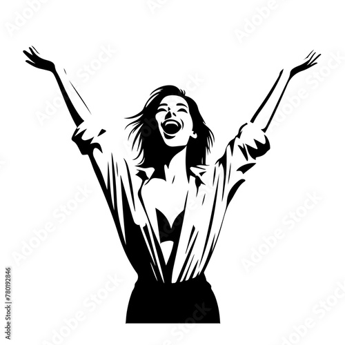 minimalist Photo of excited cheerful woman wear shirt smiling open mouth rising arms palms isolated vector black color silhouette, Black color silhouette png white background (28)