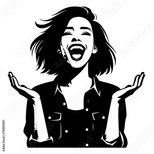 minimalist Photo of excited cheerful woman wear shirt smiling open mouth rising arms palms isolated vector black color silhouette, Black color silhouette png white background (30)