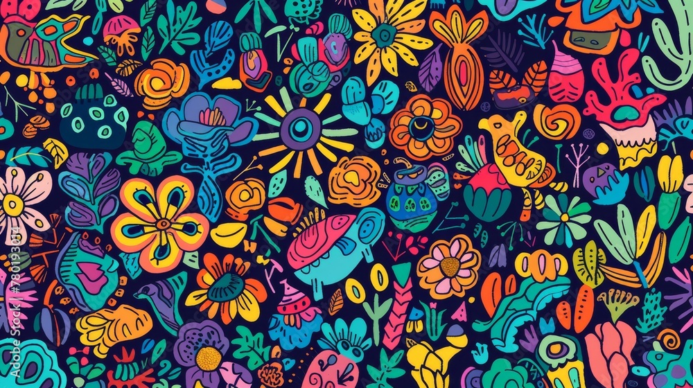 Vibrant Doodle Art with Floral and Abstract Shapes