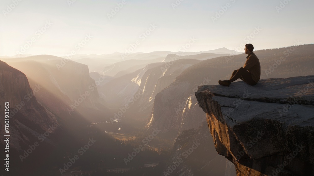 A person sitting on a cliff looking out into the vast expanse of mountains and valleys appears to be lost in thought and contemplating . .