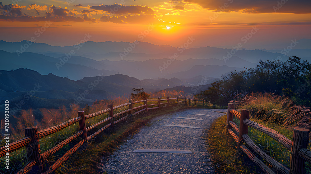 A mountain road with a wooden fence on the left side. The sun is setting on the horizon, and the sky is blue with a few white clouds. 