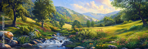 landscape painting of an idyllic countryside scene with rolling hills, generative AI © VALUEINVESTOR