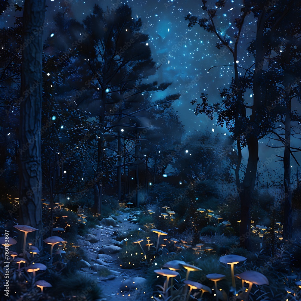 An eerie forest path illuminated by bioluminescent mushrooms and plants under a starry sky