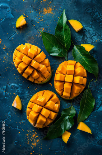 Delicious ripe mangoes whole and with artistic cut, on dark textured surface with leaves