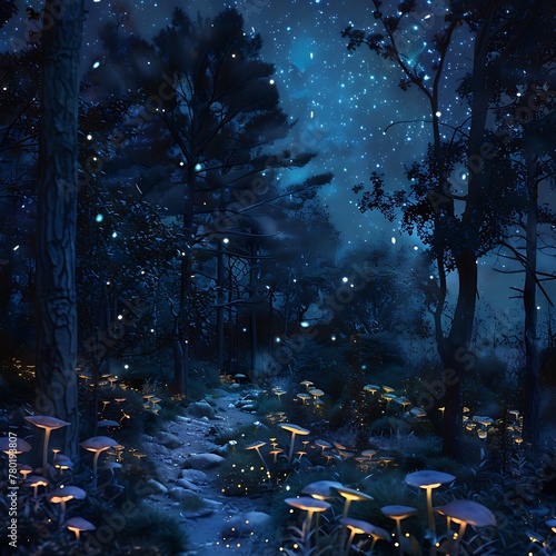 An eerie forest path illuminated by bioluminescent mushrooms and plants under a starry sky