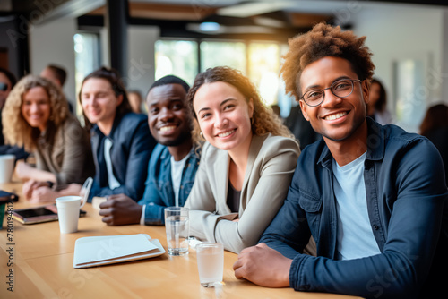 A group of people are sitting around a table  smiling and posing for a photo