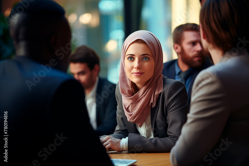 A woman wearing a hijab is sitting at a table with other people