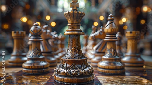 An intricately carved wooden chess set, mid-game, with focus on a queen's decisive move.