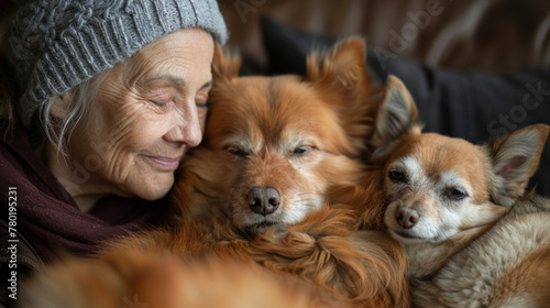 In a soft-lit room, the calming presence of a dog offers solace to an older adult, showcasing therapeutic animal companionship.