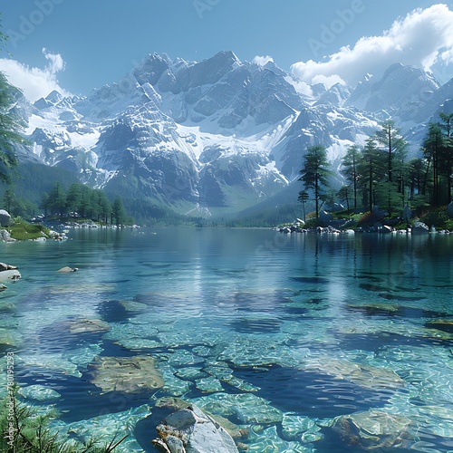 A crystal-clear mountain lake reflecting the surrounding snow-capped peaks under a bright blue sky