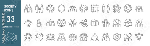 Vector set of icons on the theme of society. Communication and group work, family, communication and unity. Editable icons for website design and mobile applications. photo