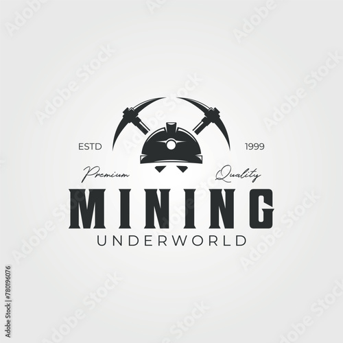 mining logo vector icon vintage illustration template design, typography logo design , tool or equipment safety mining