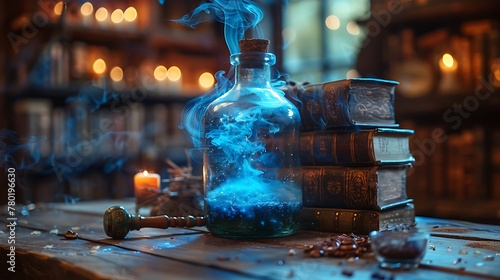 Blue Potion spell bottles with magic book and wand fantasy magic illustration