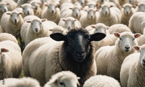 A black sheep among a flock of white sheep, raising its head as a leader. © Andrey
