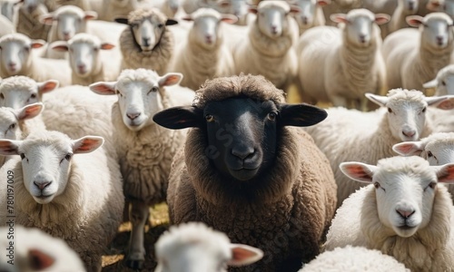 A black sheep among a flock of white sheep, raising its head as a leader. © Andrey