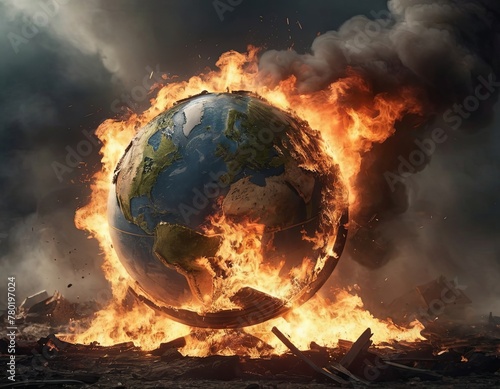 The globe is burning and being destroyed by fire. Global warming caused by the excesses of the world of finance and industry. © Andrey