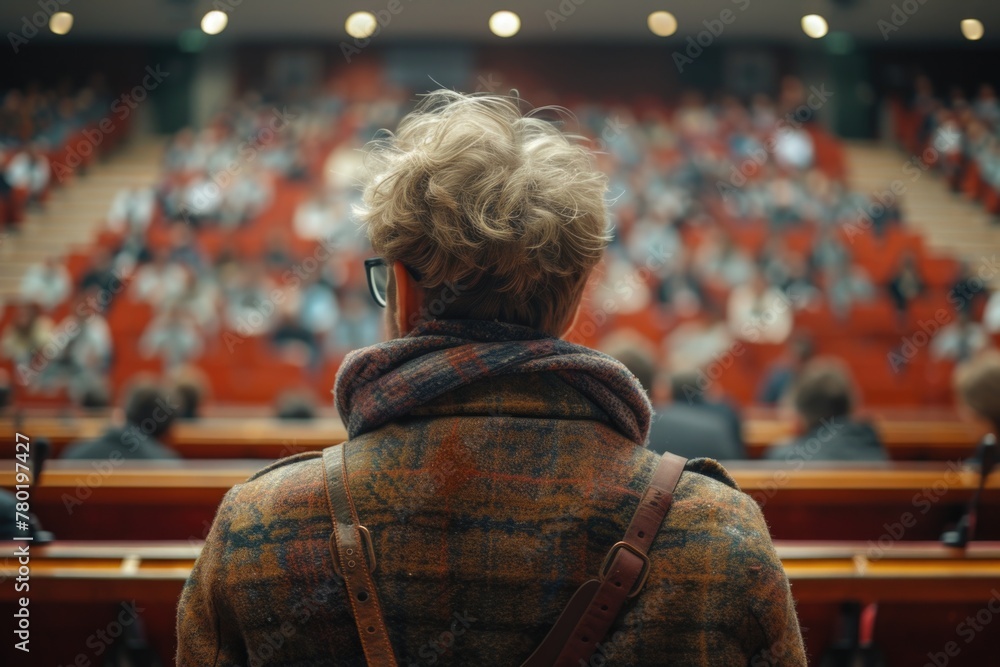The back view of a person in a lecture hall, facing an audience in red seats.