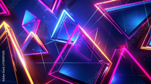 Against a deep navy blue background bold neon triangles and squares jut out in a kaleidoscopic design giving off an electric and futuristic . .