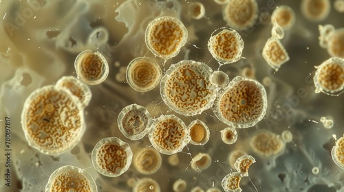 Magnified view of fungal spores each with a distinct round shape and textured surface spread out across a glass slide.