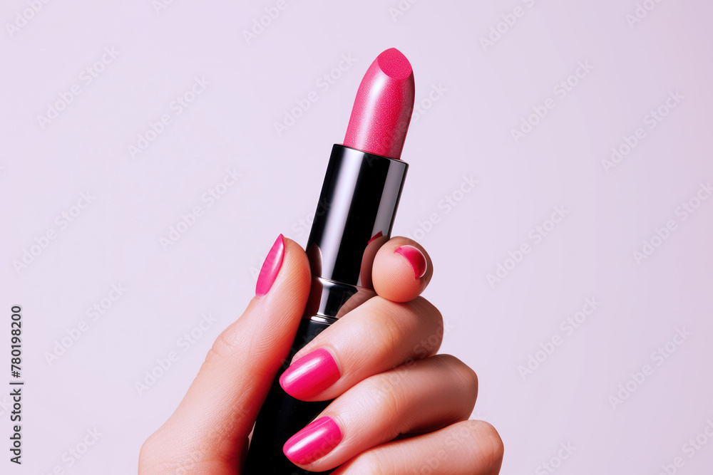 Hand holding pink lipstick isolated on white background, beauty Hand holding pink lipstick isolated on white background, beauty