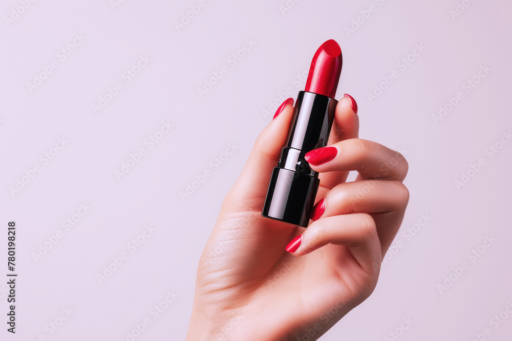 Hand holding red lipstick isolated on white background, beauty Hand holding red lipstick isolated on white background, beauty