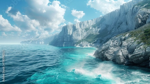 Rocky cliffs, guardians of the sea, standing tall against the waves ,3DCG,clean sharp focus