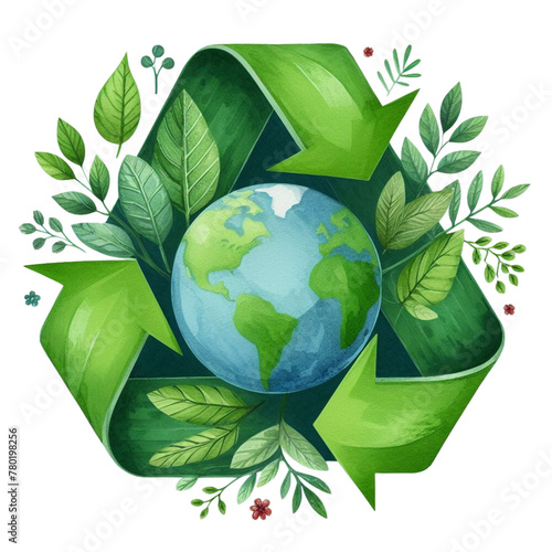 Recycling icon with a globe in the center surrounded by leaves watercolor illustration, earth day theme, celebration earth day 