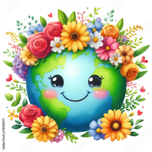Watercolor illustration of a smiling globe decorated with flowers,  earth day theme, earth day celebration 